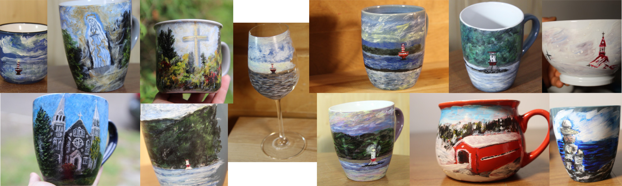 Tasses, bol, coupe à vin peints à la main - oeuvres vendues - Sandra Caissy, l'artiste
